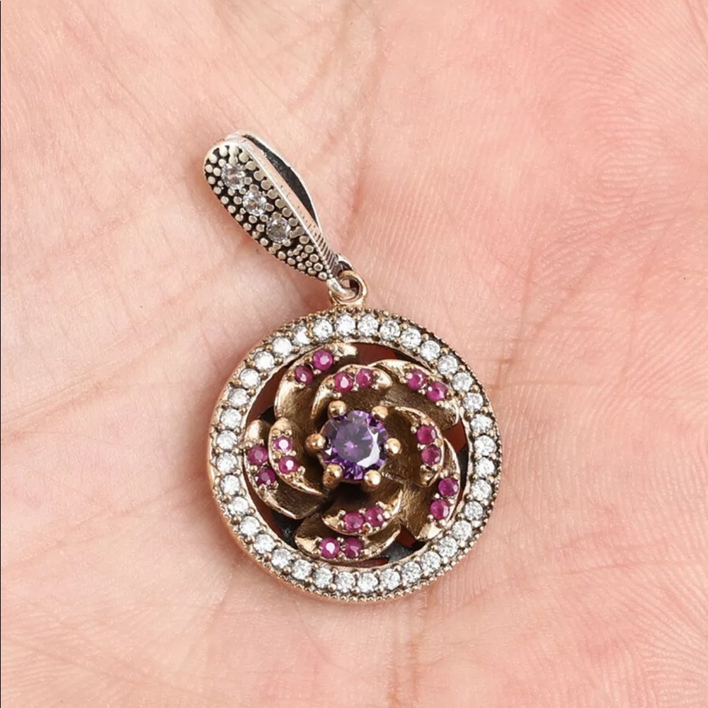 Sultan Ottoman Flower Ruby Topaz Silver Pendant